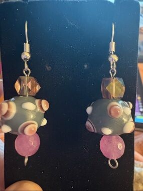 Hand Crafted Gray and Pink Bead Drop Earrings